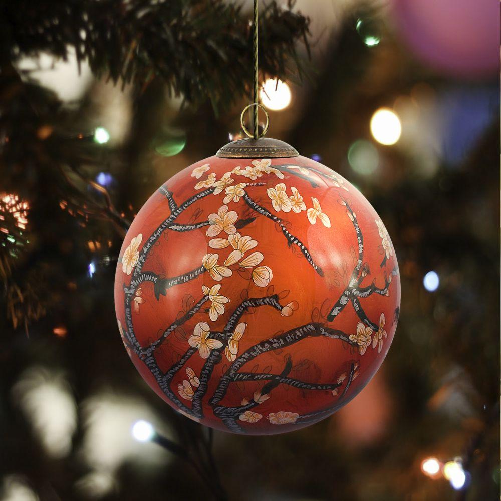 Branches of an Almond Tree in Blossom, Red Hand Painted Glass Ornament