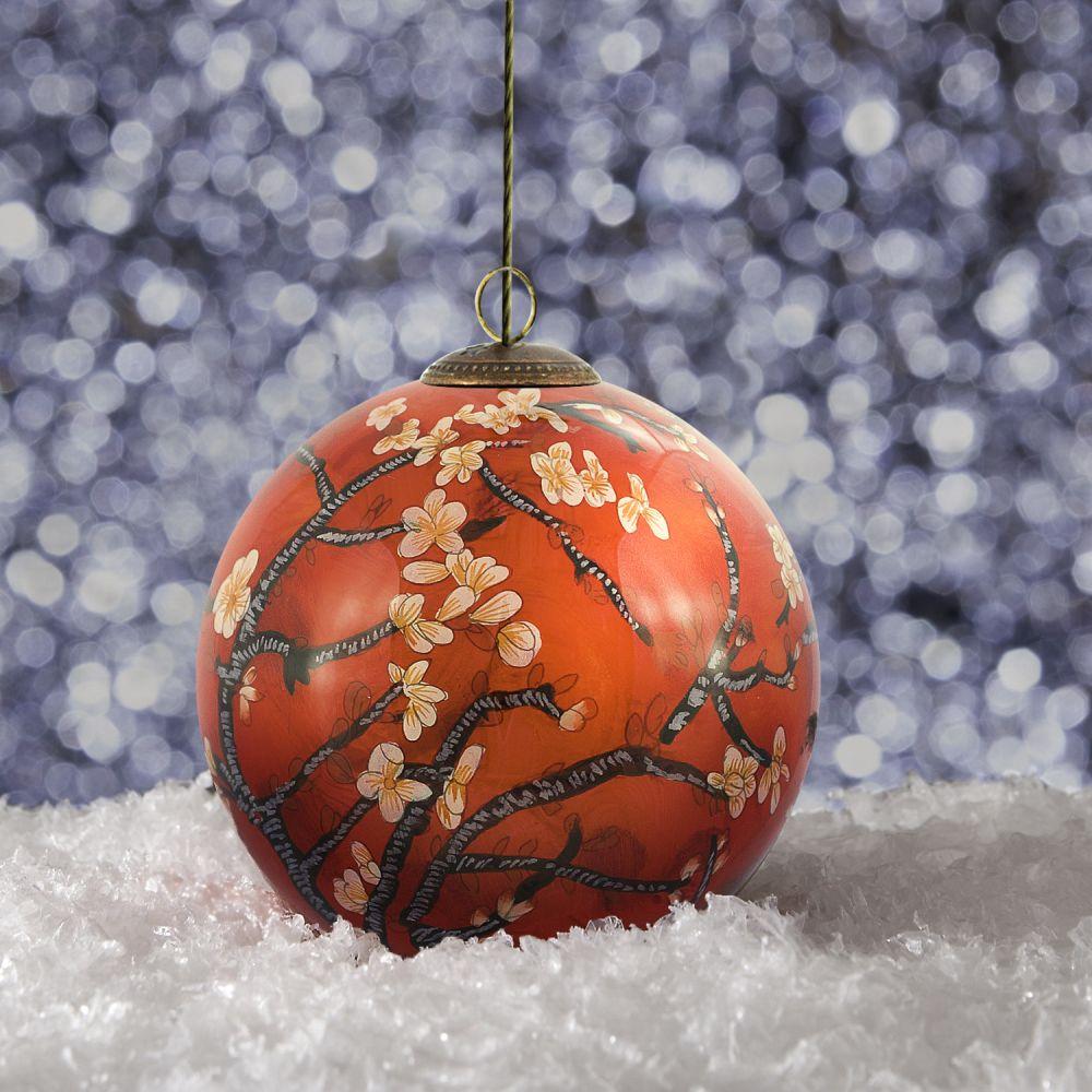 Branches of an Almond Tree in Blossom, Red Hand Painted Glass Ornament