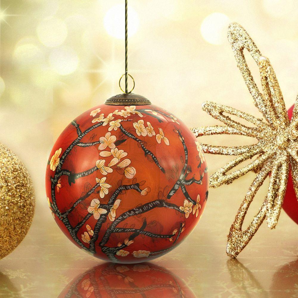 Branches of an Almond Tree in Blossom, Red Hand Painted Glass Ornament