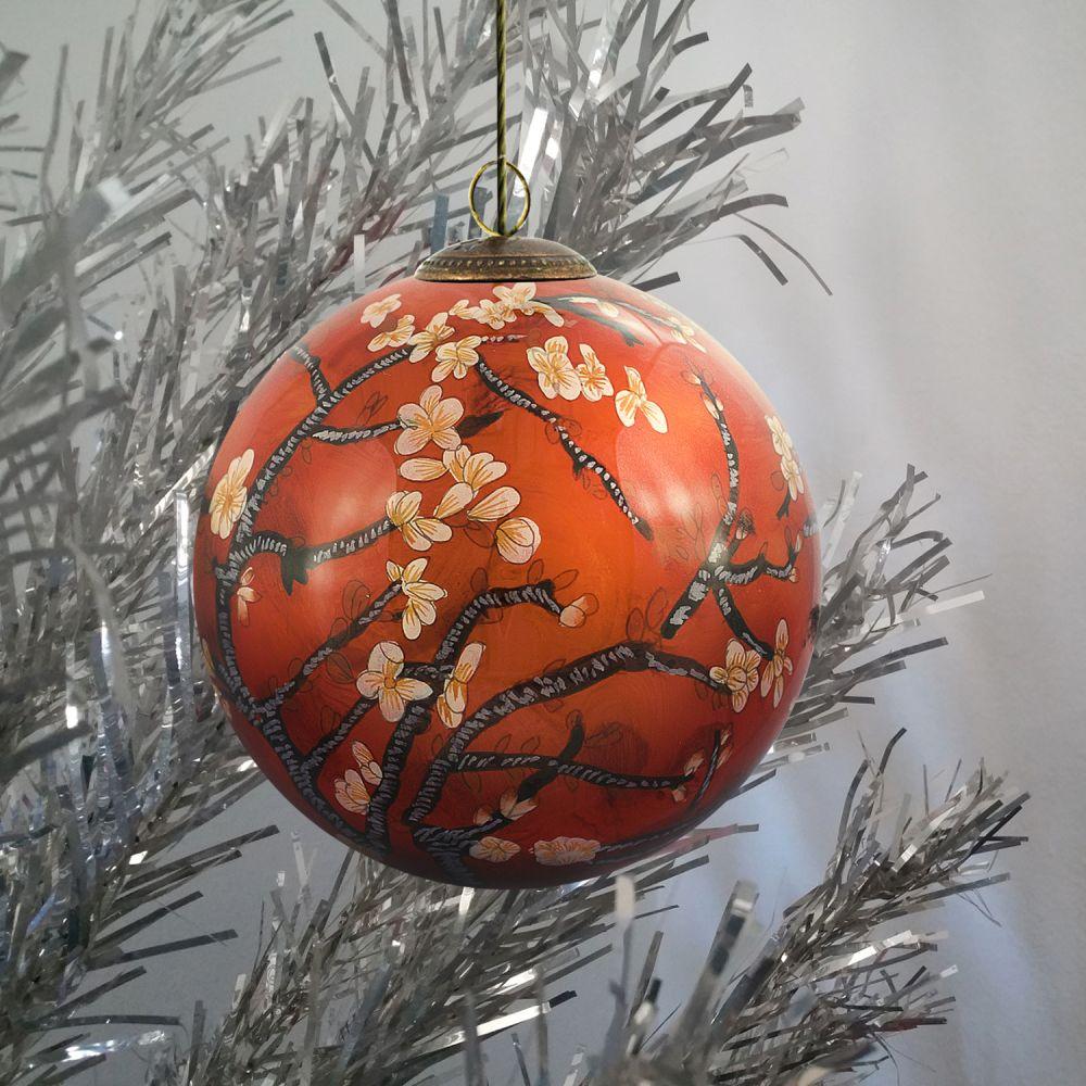 Branches of an Almond Tree in Blossom, Red Hand Painted Glass Ornament