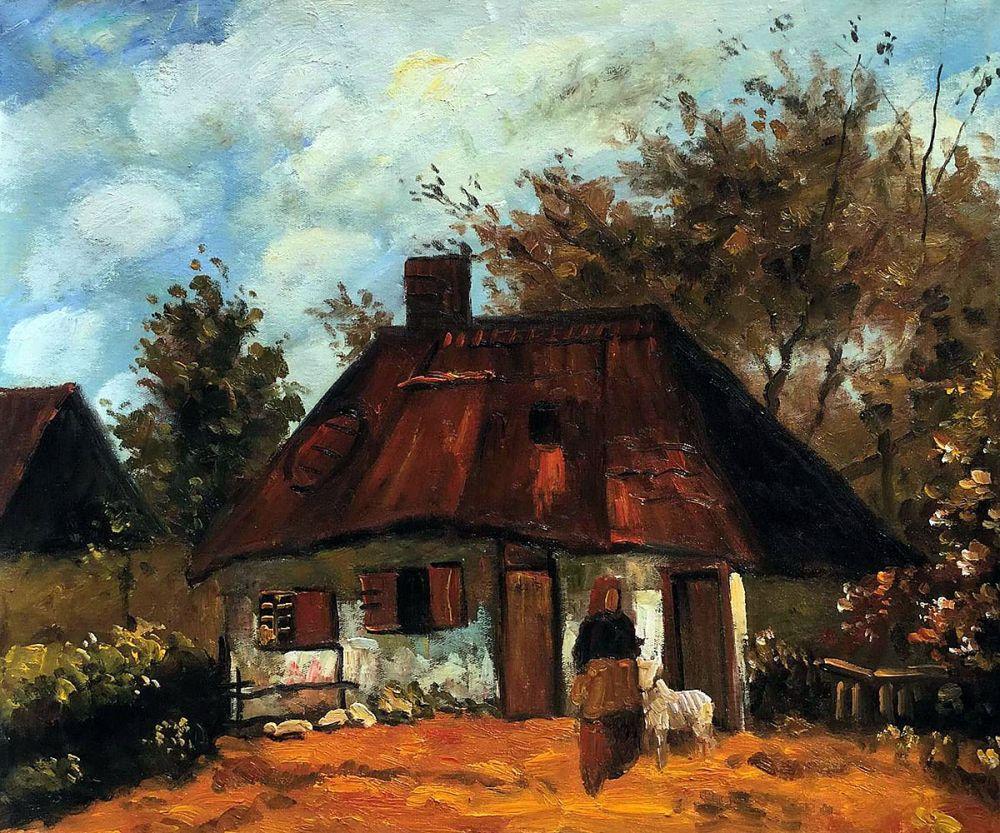 Cottage and Woman with Goat